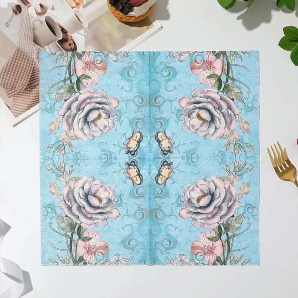 Floral Rose on Blue Luncheon Paper Napkins, 20 ct